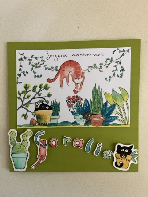 Carte d'anniversaire petits chats noirs et roux