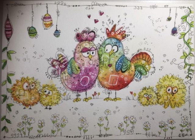 Poule et coq avec poussins