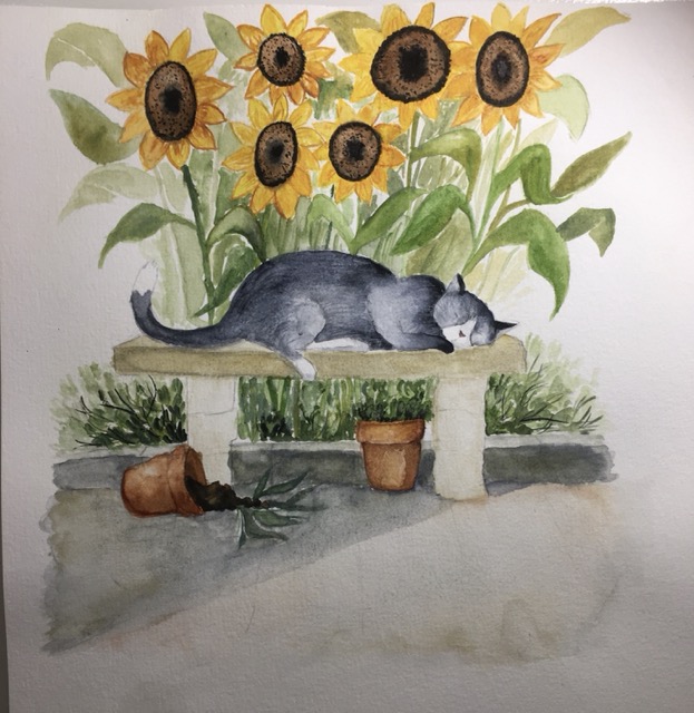 Chat sous un banc devant des tournesols